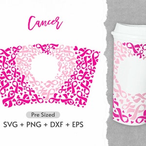 16oz Breast Cancer Hot Cup Svg, Full Wrap Svg, Ribbons, Pre Sized Hot Cup, Heart Shape Ribbon,  Breast Cancer, Strong Cutting File, Svg, Png