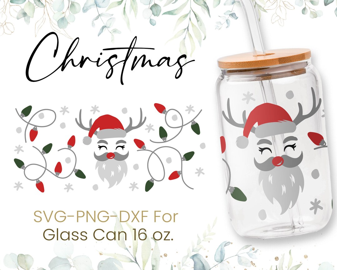 16oz Santa Claus Libbey Glass Can Svg, Snowflake Glass Can Full Wrap ...