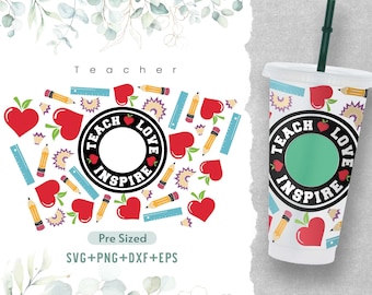 24oz Teach Love Inspire Cold Cup Svg, Venti Full Wrap Svg, Teacher Life, Pre Sized Cold Cup, Apple Svg, Teacher Cutting File, Png, Cricut