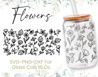 16oz Flor Libbey Glass Can Svg, Glass Can Full Wrap Svg, Coffee Can Glass, Svg, Line Flower Svg, Seamless Full Wrap, Png,Svg,Cricut Files