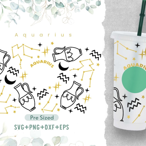 24oz Aquarius Cold Cup Svg, Venti Cold Cup Svg, Astrology Svg, Zodiac Star Sign Svg, Pre Sized Svg, Decal Perfect Fit for Venti