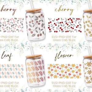 16oz Libbey Glass Can Svg Bundle, Glass Can Full Wrap Svg, Beer, Coffe, Cherry, Leaf, Flower, Flowers,Seamless Full Wrap,Svg,Png,Cricut File