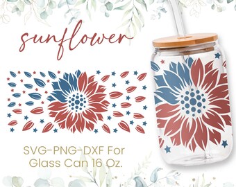 16oz American Flag Sunflower Libbey Glass Can Svg, Glass Can Full Wrap Svg, 4th of July Svg, Land of the Free Svg, Shaped Beer, Cricut Files