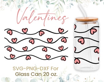 20oz Love Heart Libbey Glass Can Svg, Glass Can Full Wrap Svg, Valentines Svg, Hearts Svg, Kiss Lips Svg, Coffee Glass Wrap, Cricut Files, Png