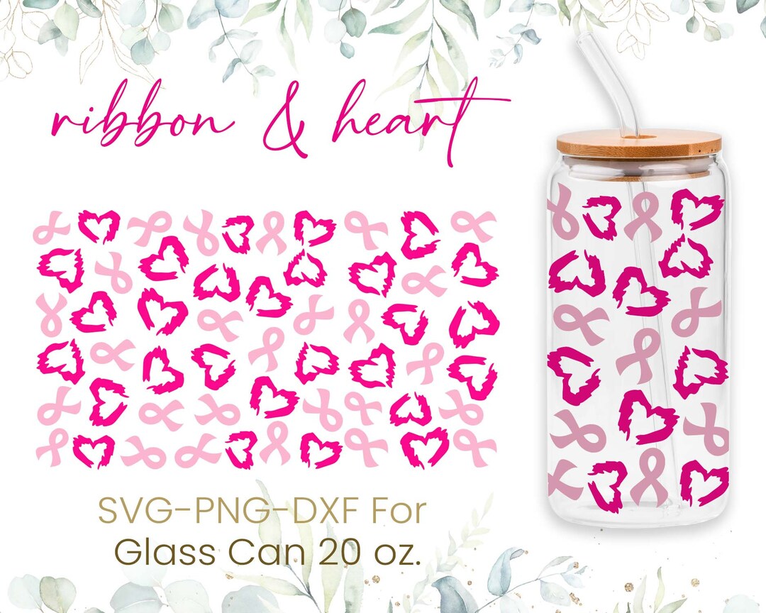 20oz Breast Cancer Libbey Glass Can Svg, Glass Can Full Wrap Svg, Pink ...