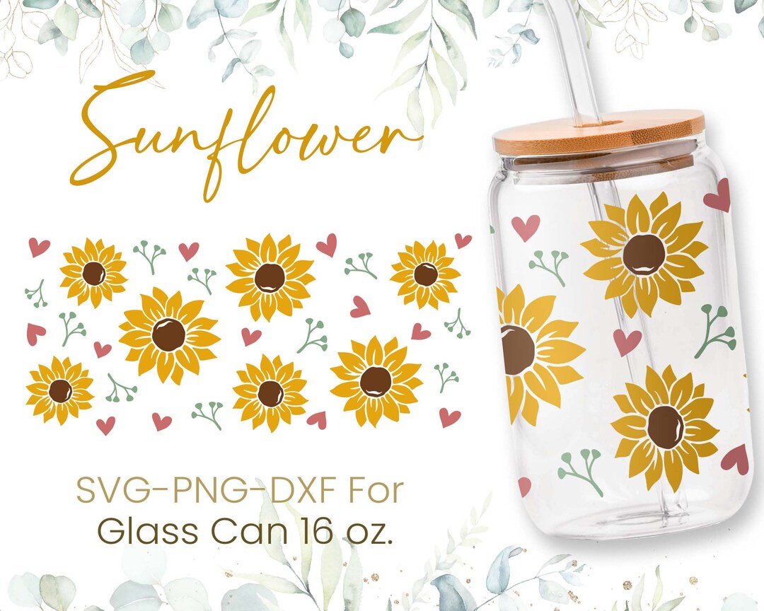 16oz Sunflower Libbey Glass Can Svg, Glass Can Full Wrap Svg, Coffee ...