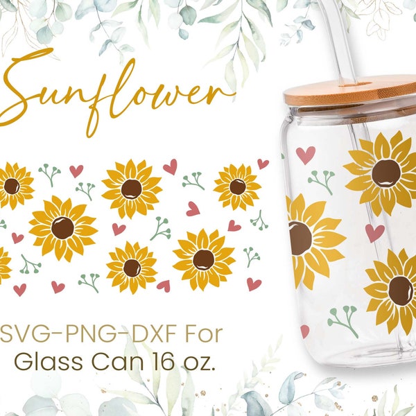 16oz Sunflower Libbey Glass Can Svg, Glass Can Full Wrap Svg, Coffee Can Glass, Svg, Line Flower Svg, Wild Seamless Full Wrap,Cricut Files