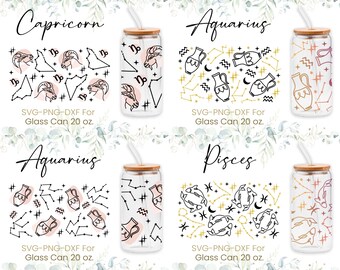 20oz Libbey Glass Can Svg Bundle, Pisces, Aquarius, Glass Can Full Wrap, Constellations Astrology, Zodiac Sign, Shaped Beer,Png,Cricut Files