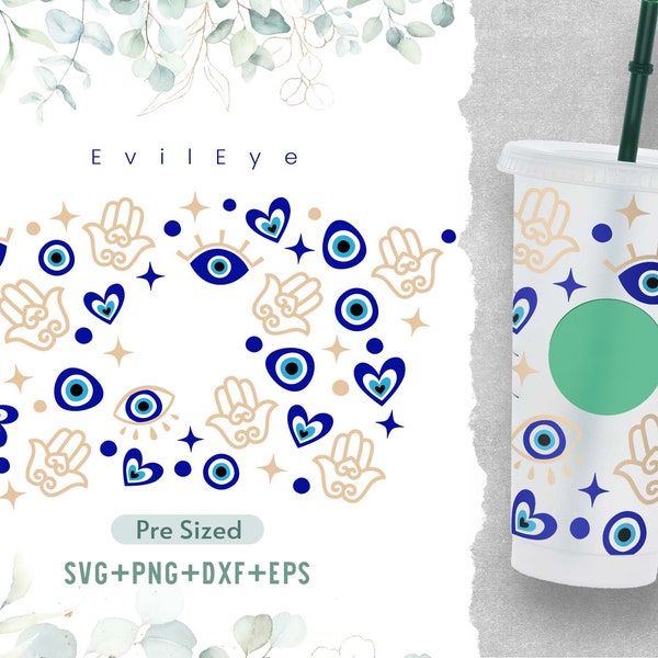 24oz Evil Eyes Cold Cup Svg, Venti Cold Cup Svg, Evil Eyes Svg, Hamsa Svg, Evil Eye Svg, Decal Perfect Fit for Venti, Full Wrap Svg