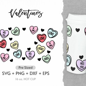 16oz Valentines Day Coffee Hot Cup Svg, Full Wrap Svg, Kiss Svg, Love Svg, Hug, Valentine Svg, Pre Sized Hot Cup, Svg, Png, Cricut Cut Files