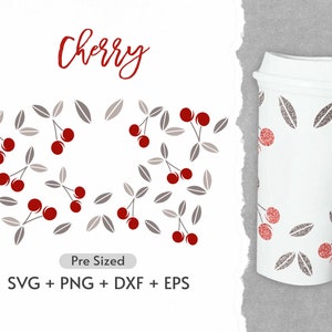 16オンス チェリー ホット カップ SVG、フル ラップ ホット カップ SVG、チェリー SVG、フローラル SVG、チェリー カップ SVG、プレサイズ ホット カップ、SVG、Png、Cricut カット ファイル