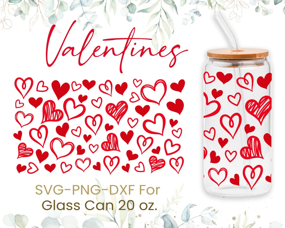 20oz Hearts Pattern Libbey Glass Can Svg, Glass Can Wrap Svg, Sketchy ...