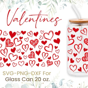 20oz Hearts Pattern Libbey Glass Can Svg, Glass Can Wrap Svg, Sketchy Hearts, Cute Hearts Doodle, Beer Glass Can, Love, Valentines Glass Can
