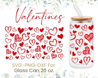 20oz Hearts Pattern Libbey Glass Can Svg, Glass Can Wrap Svg, Sketchy Hearts, Cute Hearts Doodle, Beer Glass Can, Love, Valentines Glass Can