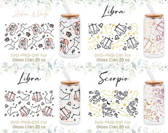 20oz Libbey Glass Can Svg Bundle, Libra, Scorpio, Zodiac Sign Glass Can Wrap Svg, Stars, Coffee, Astrology Cutfile, Svg, Dxf Png Files