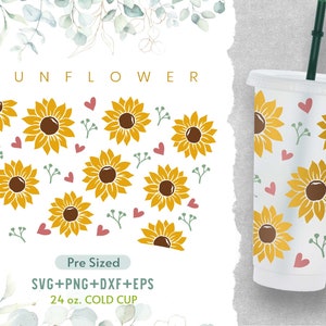 24oz Sunflower  No Hole Cold Cup Svg, Sunflower Hearts, Hearts Svg, Floral Svg, Sunflower Svg, Venti Cold Cup Svg, Coffee Svg,Svg For Cricut