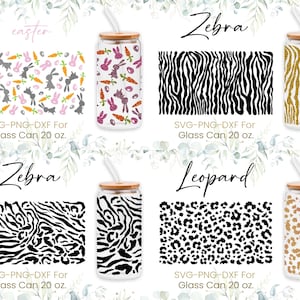 Könnte beinhalten: Vier verschiedene Designs für 20 Unzen Glasdosen-Verpackungen. Die Designs umfassen ein Osterhasenmuster, einen Zebra-Druck, einen Leoparden-Druck und ein goldenes Glitzermuster. SVG-, PNG- und DXF-Dateien sind enthalten.