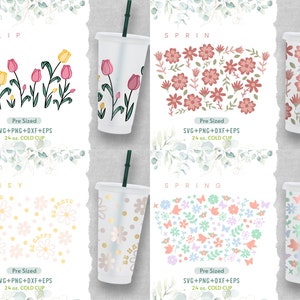 24oz No Hole Spring Cold Cup Svg Bundle,Tulips Svg, Butterfly Svg, Spring Svg, Floral, Line Flower, Daisy Svg, Wildflower Svg, Birds, Roses