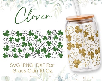 16oz Clover Leaf Libbey Glass Can Svg, Glass Can Full Wrap Svg, St. Patrick's Day,Shamrock,Lucky, Shaped Beer Glass Can,Svg,Png,Cricut Files