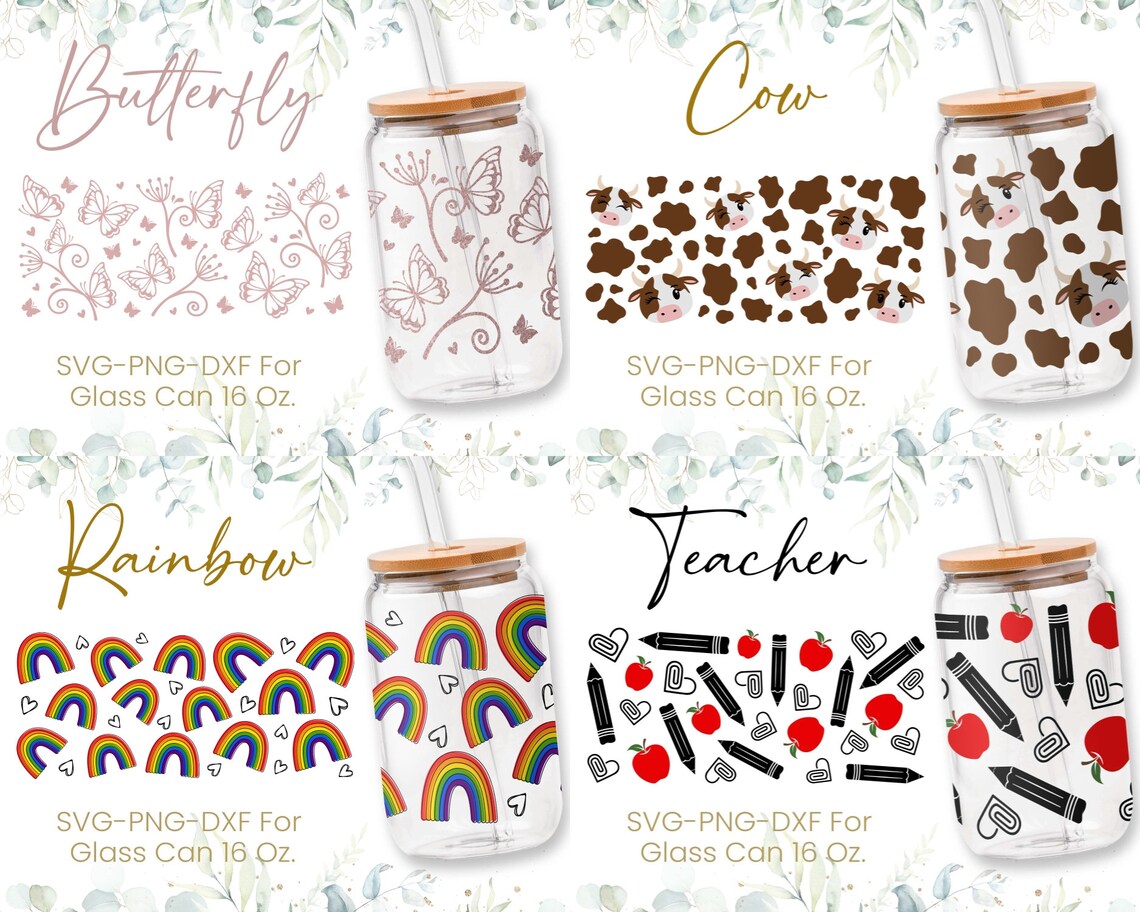 16oz Libbey Glass Can Svg Bundle, Glass Can Full Wrap Svg, Butterflies ...