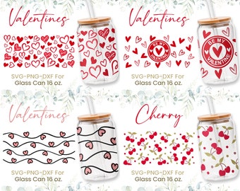 16 Unzen Herzen Muster Libbey Glas Dose Bundle, Be My Valentine Glas Dose, süßes Herz, skizzenhaftes Herz, süße Herzen Doodle, Valentinstag
