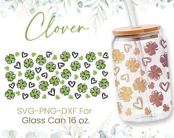 16oz Clover Leaf Libbey Glass Can Svg, Glass Can Full Wrap Svg,St. Patrick's Day,Shamrock, Lucky,Shaped Beer Glass Can,Svg, Png,Cricut Files