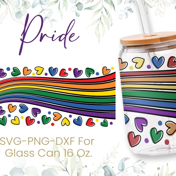 16oz Pride Libbey Glass Can Svg, Glass Can Full Wrap Svg,  Rainbow Gay Svg, LGBTQ Svg, Shaped Beer Glass, Heart Svg, Svg, Png, Cricut Files