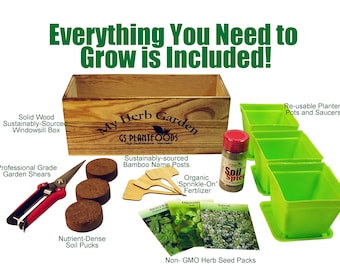 Herb Window Garden Gift Set- Herb Garden Growing kit Includes Seeds, pots, Quality herb Clippers, Soil pods All in a Beautiful Planter Box.