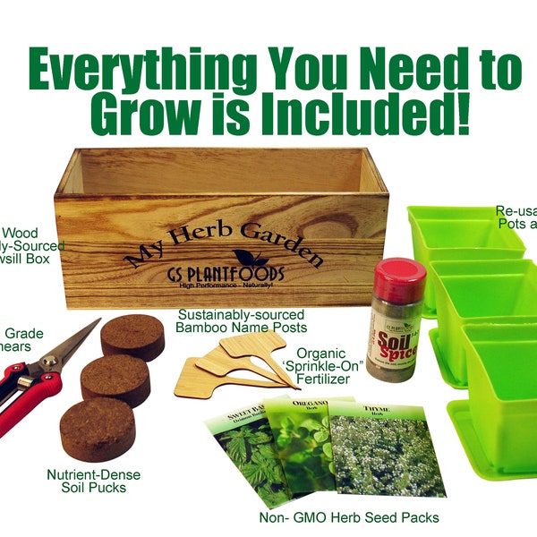 Herb Window Garden Gift Set- Herb Garden Growing kit Includes Seeds, pots, Quality herb Clippers, Soil pods All in a Beautiful Planter Box.