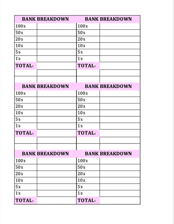 PDF Printable Digital Bank Breakdown Sheets | Etsy