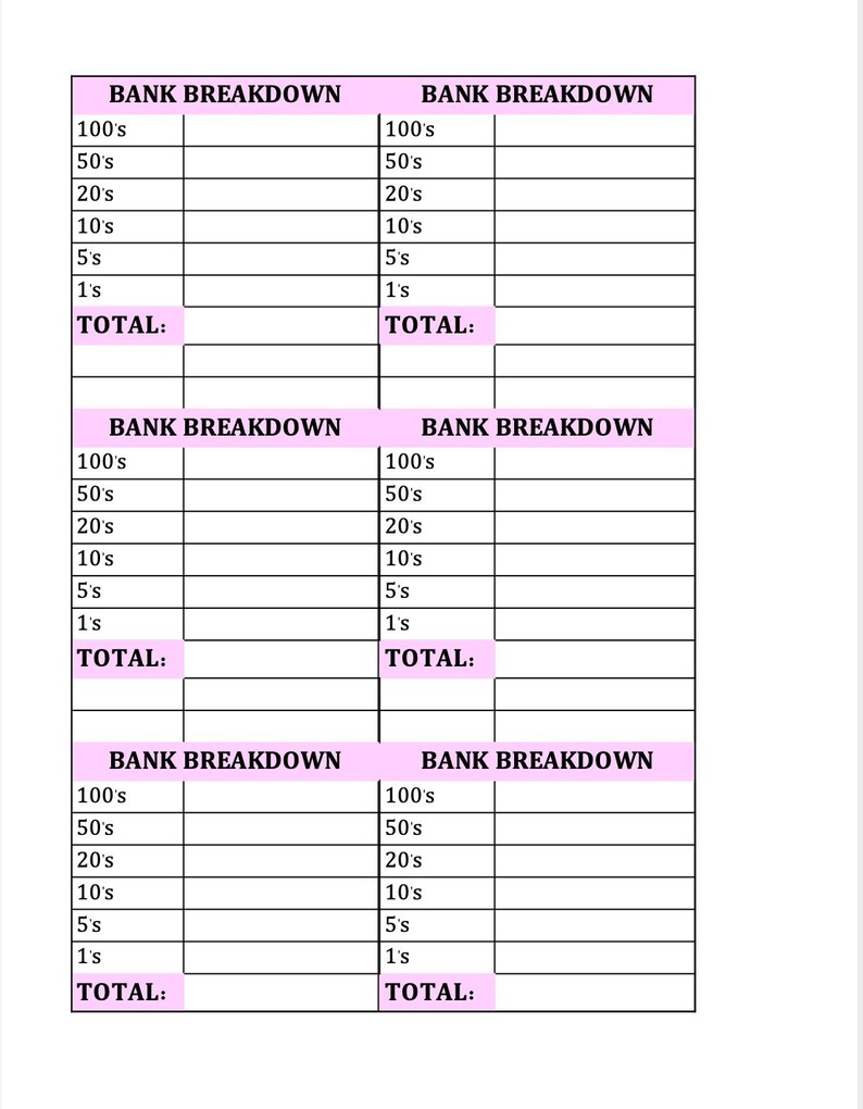 PDF Printable Digital Bank Breakdown Sheets - Etsy