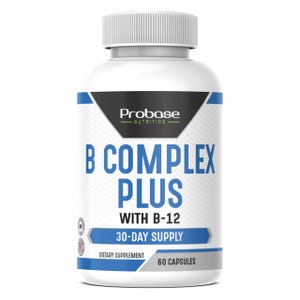 May include: A white supplement bottle with a gray lid. The label reads "Probase Nutrition B Complex Plus with B-12" and "30-Day Supply". The bottle contains 60 capsules and is a dietary supplement.