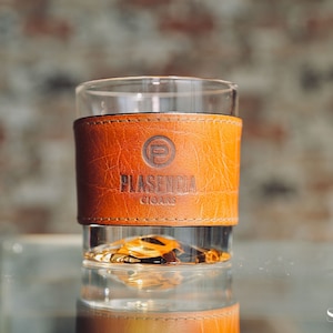 Rock glass with personalized leather wrap, whiskey glass, gift, corporate, thoughtful gift.
