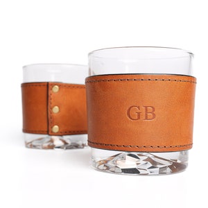 Rock glasses with personalized leather wrap, whiskey, bourbon 10oz glasses, Corporate Gifts, Old Fashioned, set of 2.  Father’s Day