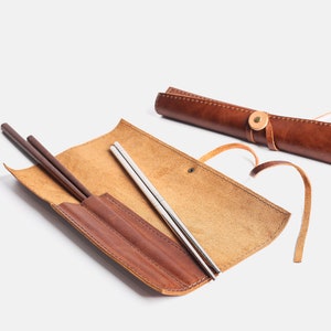 Chopstick set of four with handmade leather scroll holder. Premium wooden or stainless steel chopsticks/Thoughtful Gift.