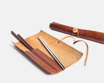 Chopstick set of four with handmade leather scroll holder. Premium wooden or stainless steel chopsticks/Thoughtful Gift.