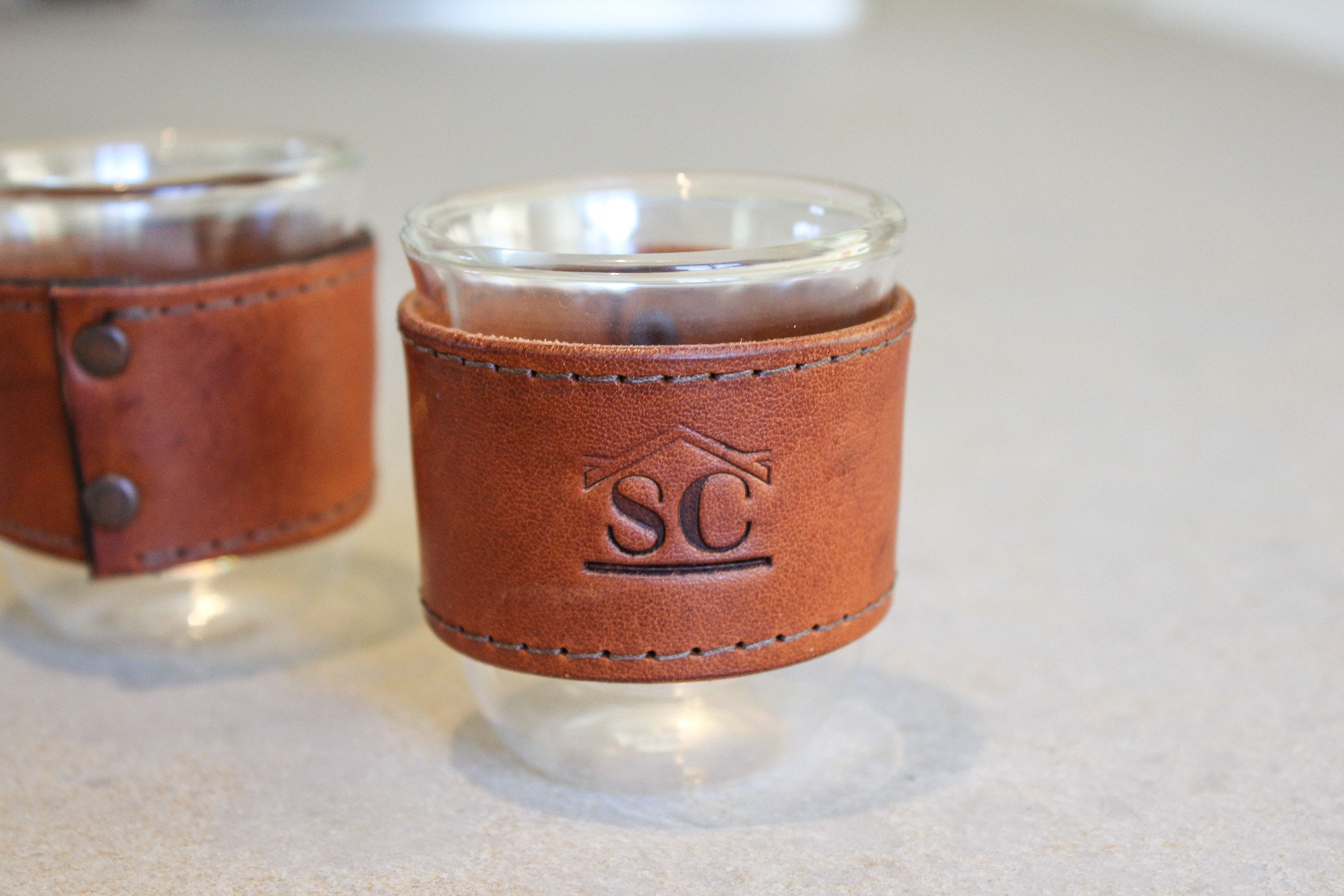 Personalized Double wall espresso cups/leather wrap. Set of two. – Serenity  Casa