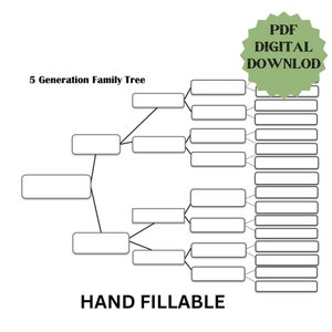 May include: A printable 5 generation family tree template. The template is black and white and has blank boxes for names and dates. The text "HAND FILLABLE" is at the bottom of the page.  The text "PDF DIGITAL DOWNLOAD" is in a green starburst.