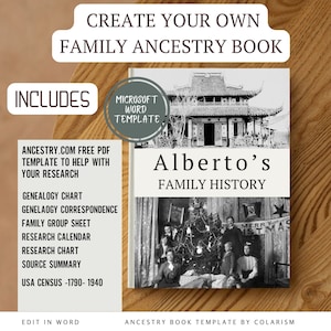 May include: A digital download for a Microsoft Word template to create a family history book. The template includes a genealogy chart, correspondence log, family group sheet, research calendar, research chart, source summary, and USA census information from 1790 to 1940. The template is designed to help with family history research. The image also shows a vintage photo of a family in front of a Christmas tree.