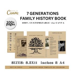 May include: A digital template for a 7 generation family history book with 100+ pages. The template is customizable in Canva and includes a family tree, marriage records, and ancestor profiles. The book is 8.5 x 11 inches or A4 size.