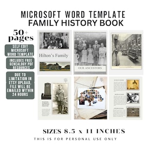 Puede incluir: Una plantilla de Microsoft Word para un libro de historia familiar. El diseño incluye fotografías antiguas, el texto "Hilton's Family" y "Our Ancestors", y las dimensiones son 21,6 x 27,9 cm. La plantilla incluye recursos PDF de genealogía.
