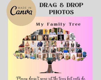 Könnte beinhalten: Ein digitales Familienstammbaum-Design mit einer Baumform, die mit verschiedenen Fotos gefüllt ist. Der Text "My Family Tree" wird über dem Baum angezeigt, mit "Drag & Drop Photos" darüber. Der Satz "Money doesn't grow in the trees but roots do" steht unten.