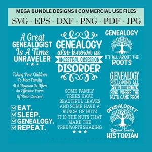 May include: A blue background with white text and images. The text reads "A Great Genealogist Is A Time Unraveler", "Genealogy also known as Ancestral Obsession Disorder", "Genealogy It's All About The Roots", "Genealogy Following All The Roots To Find Where The Nuts Came From", "Some Family Trees Have Beautiful Leaves And Some Have A Bunch Of Nuts It Is The Nuts That Make The Tree Worth Shaking", "Genealogist Official Family Historian", "Eat. Sleep. Genealogy. Repeat."
