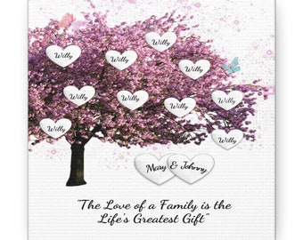 May include: A white canvas print with a pink cherry blossom tree and white hearts. The hearts have the names "Willy" and "Mary & Johnny" written on them. The text "The Love of a Family is the Life's Greatest Gift" is written at the bottom of the print.