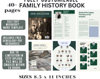 May include: A digital download for a customizable family history book template. The template includes 40+ pages, a family tree chart, and an ancestor profile page. The book is 8.5 x 11 inches.