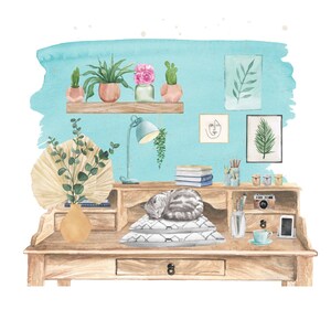30x40 Cat among plants printable download, digital art, wall art, sleeping cat on desk, blue background, watercolor digital art,office space