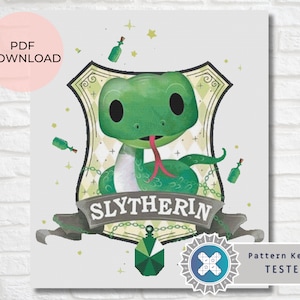 May include: A green snake with a forked tongue is curled up inside a yellow and green crest with the word "Slytherin" on a banner. The crest is surrounded by small green bottles and stars.