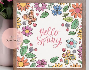 Spring cross stitch - Floral pattern - Hello Spring colorful - Easter pattern Modern Cross Stitch Flowers pattern - PDF Download