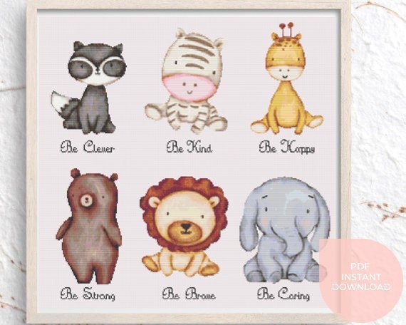 Baby animals cross stitch pattern - nursery cross stitch - animal cross stitch - baby shower gift - lion bear elephant zebra PDF download