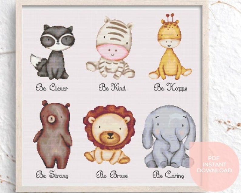 Korsstygnsmönster för babydjur - korsstygn för barnkammaren - korsstygn för djur - babyshowerpresent - lejon, björn, elefant, zebra PDF-nedladdning bild 1